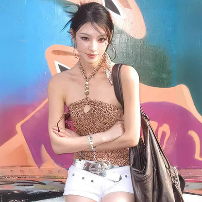 Zyra Leopard Lace-Up Halter Top