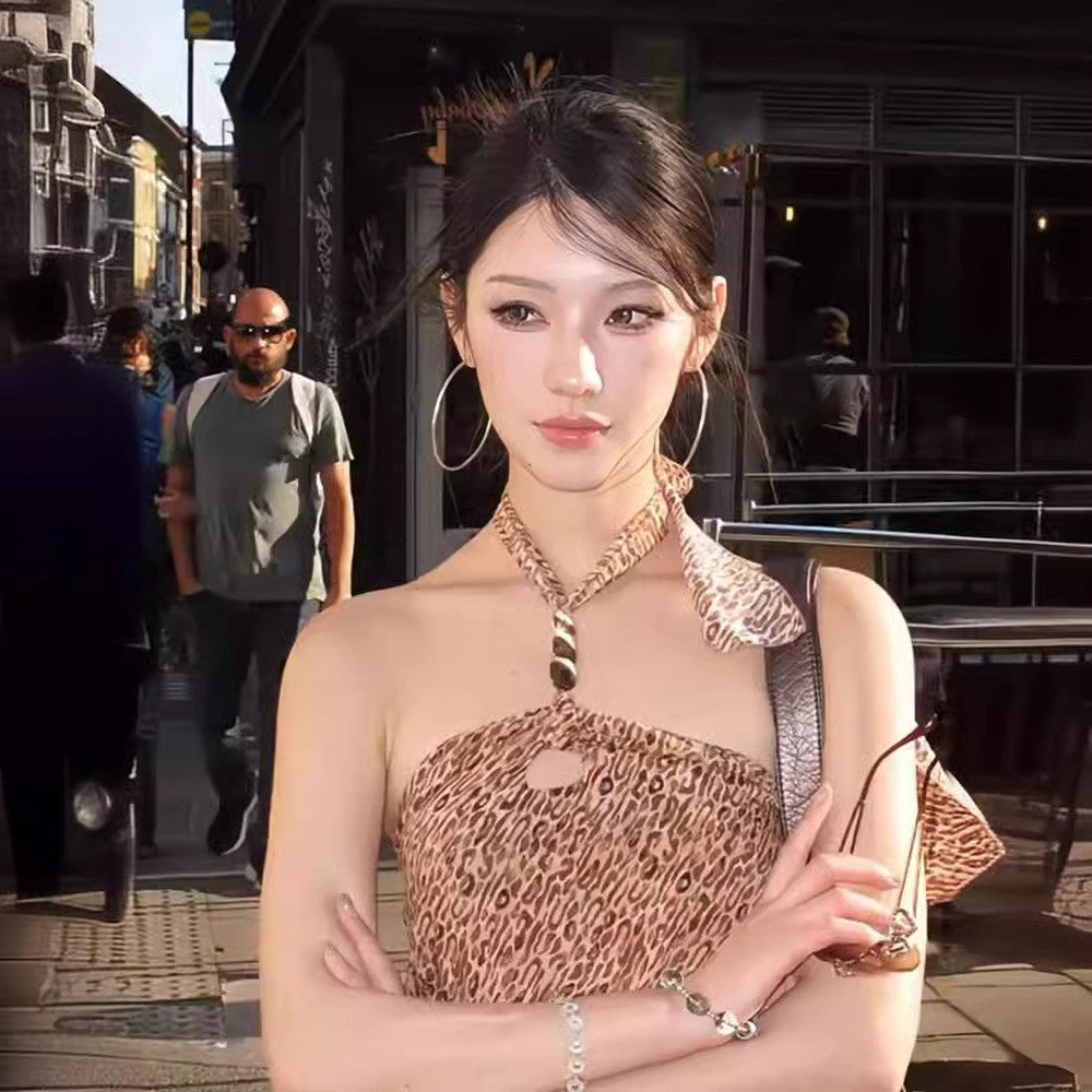 Zyra Leopard Lace-Up Halter Top