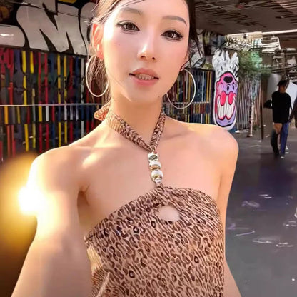 Zyra Leopard Lace-Up Halter Top